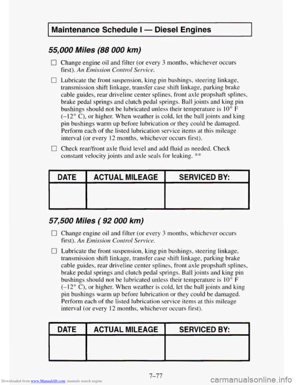 CHEVROLET TAHOE 1995 1.G Owners Manual Downloaded from www.Manualslib.com manuals search engine I Maintenance Schedule I - Diesel Engines
55,000 Miles (88 000 km)
0 Change engine oil and filter (or every 3 months, whichever occurs
CHEVROLET TAHOE 1995 1.G Owners Manual Downloaded from www.Manualslib.com manuals search engine I Maintenance Schedule I - Diesel Engines
55,000 Miles (88 000 km)
0 Change engine oil and filter (or every 3 months, whichever occurs