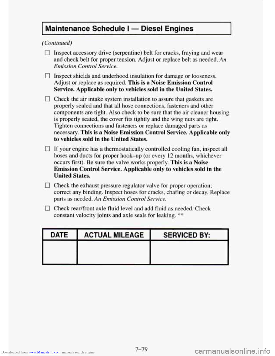 CHEVROLET TAHOE 1995 1.G Owners Manual Downloaded from www.Manualslib.com manuals search engine I Maintenance Schedule I - Diesel Engines
I7 Inspect accessory drive (serpentine) belt for cracks, fraying and wear
and check belt f CHEVROLET TAHOE 1995 1.G Owners Manual Downloaded from www.Manualslib.com manuals search engine I Maintenance Schedule I - Diesel Engines
I7 Inspect accessory drive (serpentine) belt for cracks, fraying and wear
and check belt f