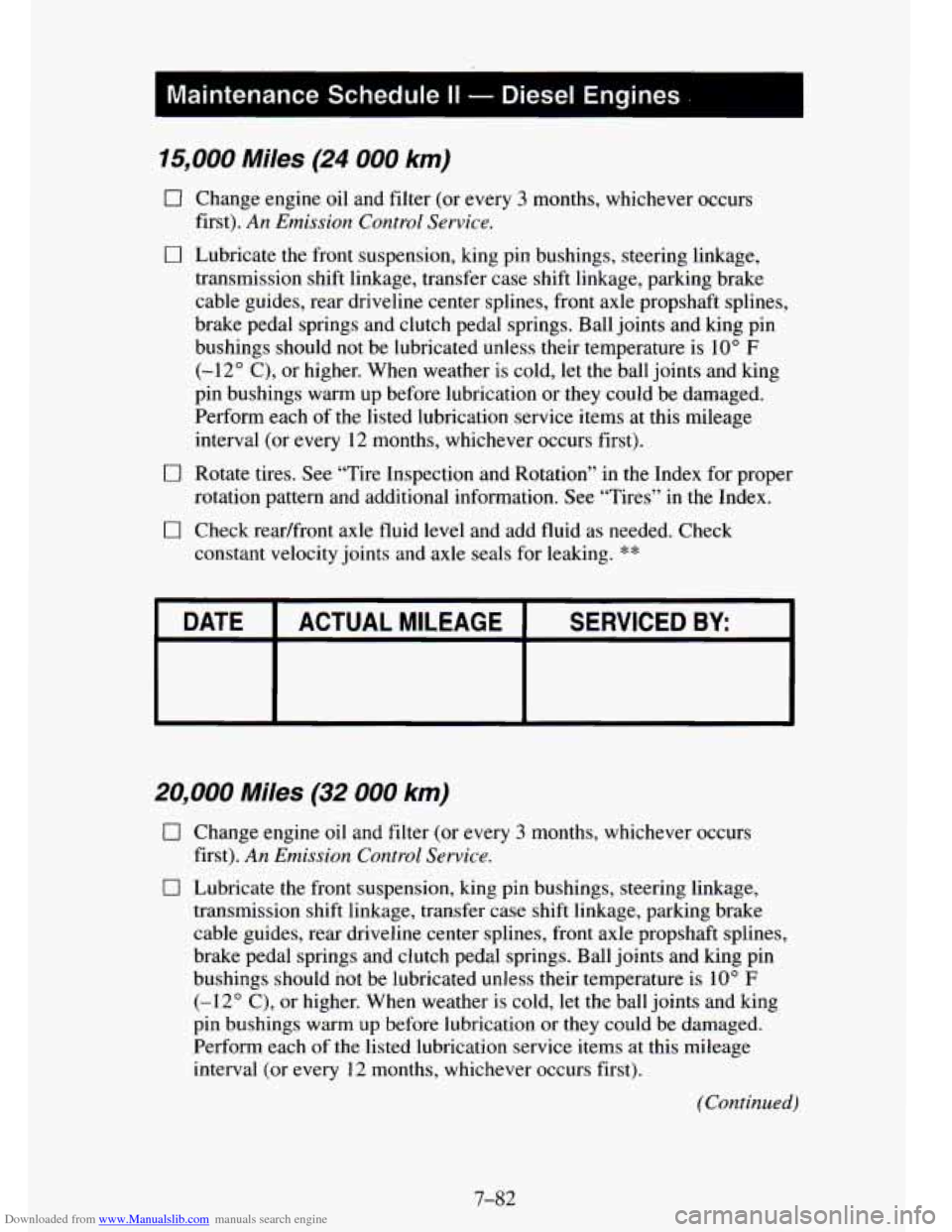 CHEVROLET TAHOE 1995 1.G Owners Manual Downloaded from www.Manualslib.com manuals search engine 1 Maintenance Schedule II - Diesel Engines I
15,000 Miles (24 000 km)
0 Change engine oil and filter (or every 3 months, whichever occurs CHEVROLET TAHOE 1995 1.G Owners Manual Downloaded from www.Manualslib.com manuals search engine 1 Maintenance Schedule II - Diesel Engines I
15,000 Miles (24 000 km)
0 Change engine oil and filter (or every 3 months, whichever occurs