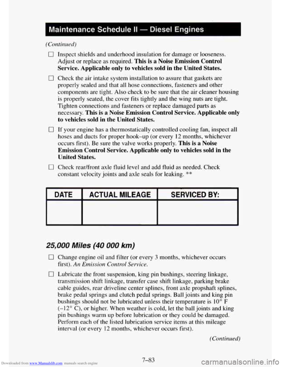 CHEVROLET TAHOE 1995 1.G Owners Manual Downloaded from www.Manualslib.com manuals search engine I Maintenance Schedule II - Diesel Engines I
0 0
0 Inspect shields and underhood insulation for damage or looseness.
Adjust or replace CHEVROLET TAHOE 1995 1.G Owners Manual Downloaded from www.Manualslib.com manuals search engine I Maintenance Schedule II - Diesel Engines I
0 0
0 Inspect shields and underhood insulation for damage or looseness.
Adjust or replace