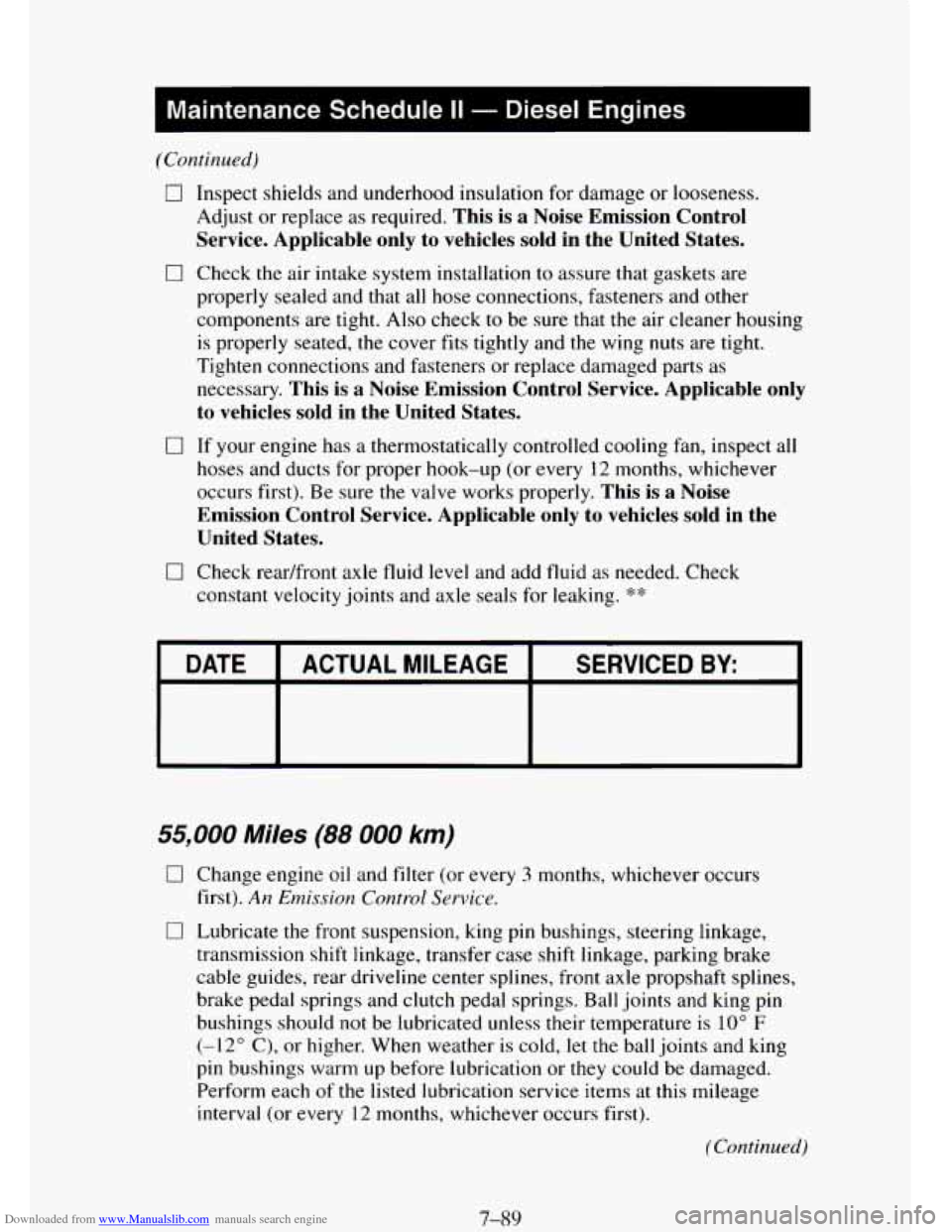 CHEVROLET TAHOE 1995 1.G Owners Manual Downloaded from www.Manualslib.com manuals search engine 1 Maintenance Schedule II - Diesel Engines I
(Continued)
0 Inspect shields and underhood insulation for damage or looseness.
Adjust o CHEVROLET TAHOE 1995 1.G Owners Manual Downloaded from www.Manualslib.com manuals search engine 1 Maintenance Schedule II - Diesel Engines I
(Continued)
0 Inspect shields and underhood insulation for damage or looseness.
Adjust o