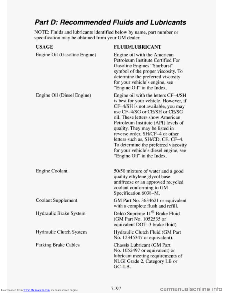 CHEVROLET TAHOE 1995 1.G Owners Manual Downloaded from www.Manualslib.com manuals search engine Part D: Recommended Fluids and Lubricants
NOTE: Fluids and lubricants identified below by name, part number or
specification may be o CHEVROLET TAHOE 1995 1.G Owners Manual Downloaded from www.Manualslib.com manuals search engine Part D: Recommended Fluids and Lubricants
NOTE: Fluids and lubricants identified below by name, part number or
specification may be o