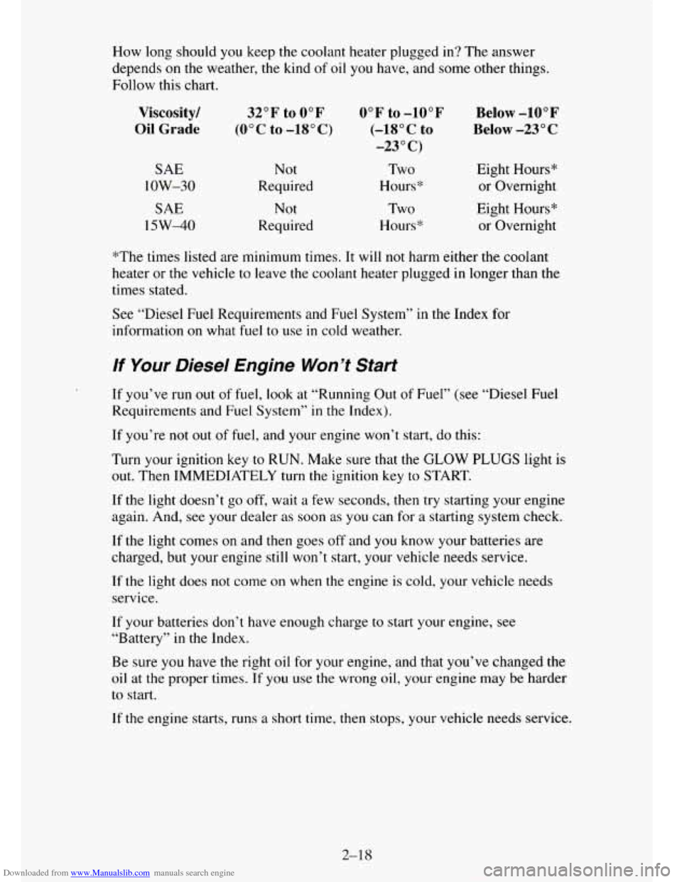 CHEVROLET TAHOE 1995 1.G Manual Online Downloaded from www.Manualslib.com manuals search engine How long should you keep the coolant heater plugged in? The answer
depends
on the weather, the kind of oil you have, and some other thi CHEVROLET TAHOE 1995 1.G Manual Online Downloaded from www.Manualslib.com manuals search engine How long should you keep the coolant heater plugged in? The answer
depends
on the weather, the kind of oil you have, and some other thi