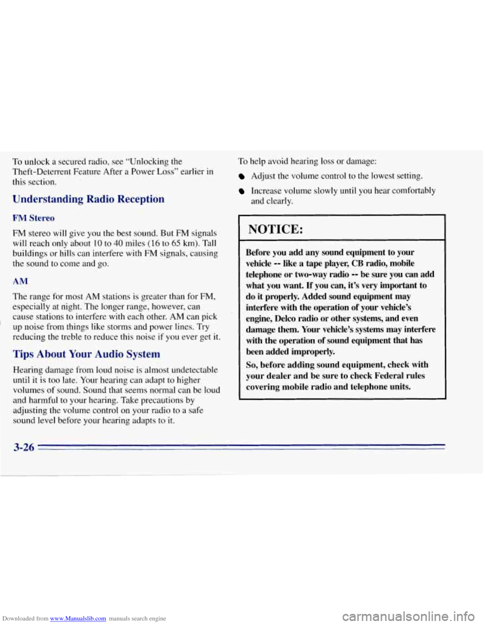 CHEVROLET TAHOE 1996 1.G Owners Manual Downloaded from www.Manualslib.com manuals search engine To unlock a secured radio, see “Unlocking the
Theft-Deterrent Feature After a Power
Loss” earlier in
this section.
Understandi CHEVROLET TAHOE 1996 1.G Owners Manual Downloaded from www.Manualslib.com manuals search engine To unlock a secured radio, see “Unlocking the
Theft-Deterrent Feature After a Power
Loss” earlier in
this section.
Understandi