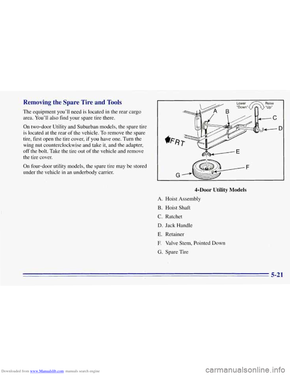 CHEVROLET TAHOE 1996 1.G Owners Manual Downloaded from www.Manualslib.com manuals search engine Removing  the  Spare  Tire and Tools 
The equipment  you’ll  need  is located  in the rear  cargo 
area.  You’ll  also find your  spare  ti CHEVROLET TAHOE 1996 1.G Owners Manual Downloaded from www.Manualslib.com manuals search engine Removing  the  Spare  Tire and Tools 
The equipment  you’ll  need  is located  in the rear  cargo 
area.  You’ll  also find your  spare  ti