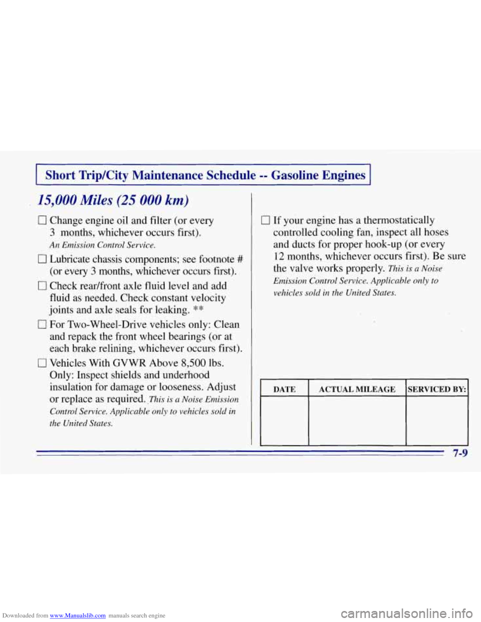 CHEVROLET TAHOE 1996 1.G Owners Manual Downloaded from www.Manualslib.com manuals search engine I Short  TripKity  Maintenance  Schedule -- Gasoline  Engines I 
15,000 Miles (25 000 km) 
0 Change engine  oil  and  filter  (or  every 
3 mon CHEVROLET TAHOE 1996 1.G Owners Manual Downloaded from www.Manualslib.com manuals search engine I Short  TripKity  Maintenance  Schedule -- Gasoline  Engines I 
15,000 Miles (25 000 km) 
0 Change engine  oil  and  filter  (or  every 
3 mon
