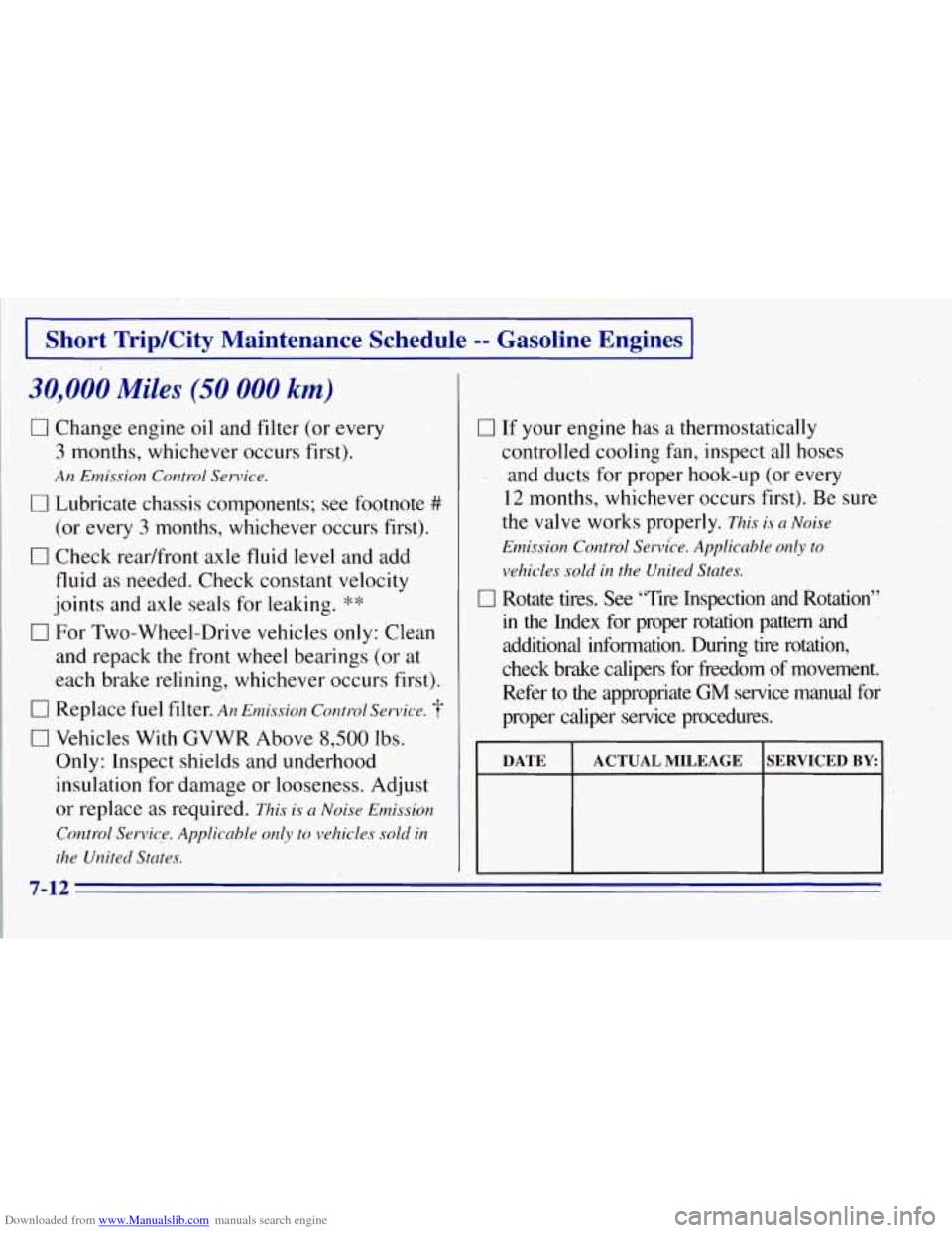 CHEVROLET TAHOE 1996 1.G Owners Manual Downloaded from www.Manualslib.com manuals search engine I Short  Trip/City  Maintenance  Schedule -- Gasoline  Engines 1 
30,000 Miles (50 000 km) 
0 Change engine oil and  filter  (or every 
3 month CHEVROLET TAHOE 1996 1.G Owners Manual Downloaded from www.Manualslib.com manuals search engine I Short  Trip/City  Maintenance  Schedule -- Gasoline  Engines 1 
30,000 Miles (50 000 km) 
0 Change engine oil and  filter  (or every 
3 month