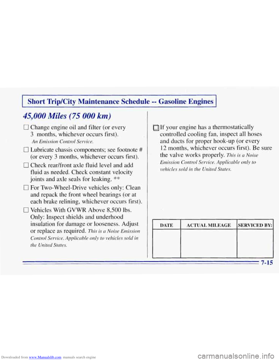 CHEVROLET TAHOE 1996 1.G Owners Manual Downloaded from www.Manualslib.com manuals search engine -
Short TripKity Maintenance Schedule -- Gasoline Engines
45,000 Miles (75 000 km)
0 Change engine oil and filter (or every
3 months CHEVROLET TAHOE 1996 1.G Owners Manual Downloaded from www.Manualslib.com manuals search engine -
Short TripKity Maintenance Schedule -- Gasoline Engines
45,000 Miles (75 000 km)
0 Change engine oil and filter (or every
3 months