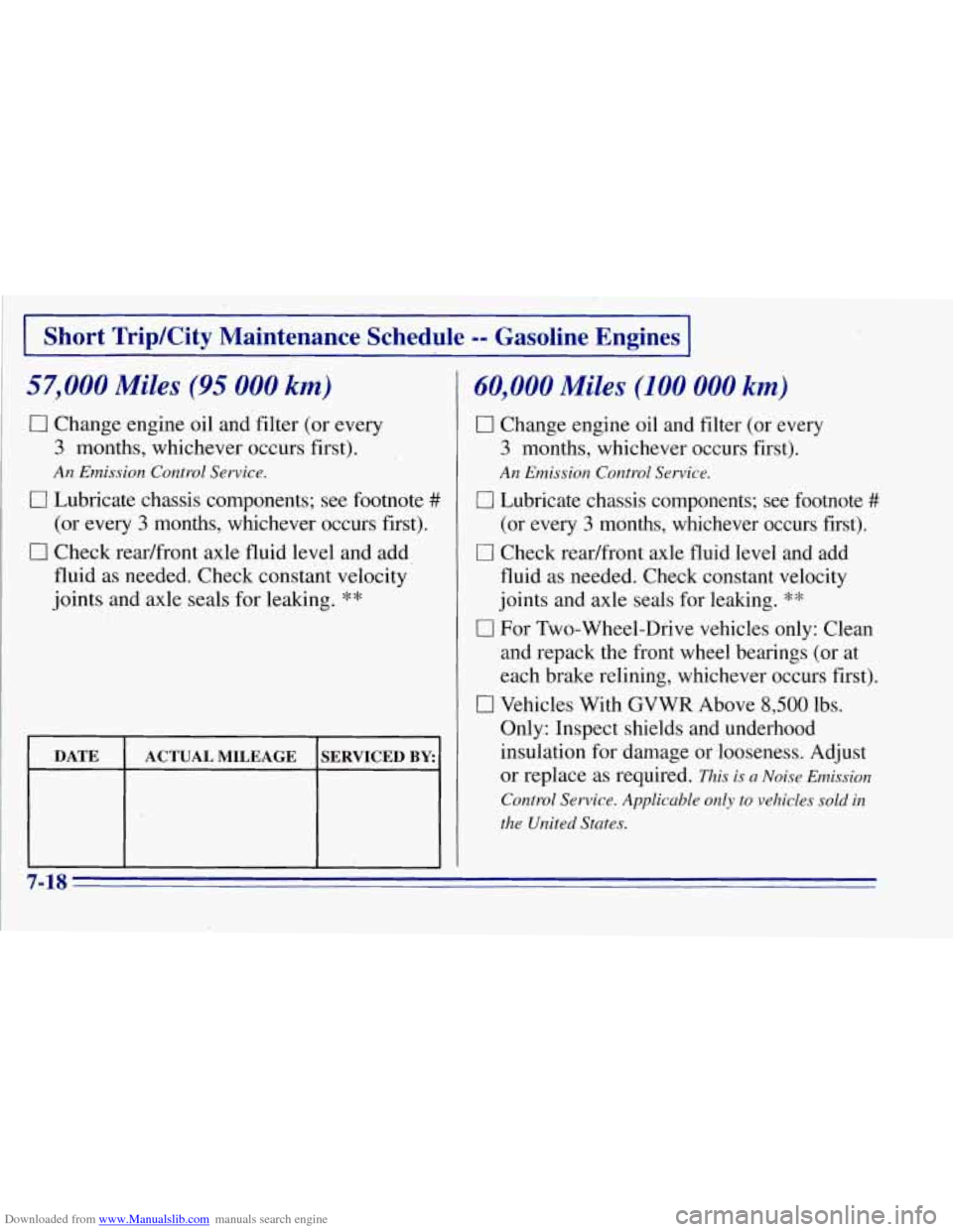 CHEVROLET TAHOE 1996 1.G Owners Manual Downloaded from www.Manualslib.com manuals search engine Short Trip/City Maintenance Schedule -- Gasoline Engines
57,000 Miles (95 000 km)
17 Change engine oil and filter (or every
3 months CHEVROLET TAHOE 1996 1.G Owners Manual Downloaded from www.Manualslib.com manuals search engine Short Trip/City Maintenance Schedule -- Gasoline Engines
57,000 Miles (95 000 km)
17 Change engine oil and filter (or every
3 months