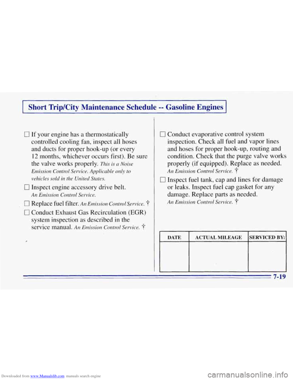 CHEVROLET TAHOE 1996 1.G Owners Manual Downloaded from www.Manualslib.com manuals search engine Short Trip/City Maintenance Schedule -- Gasoline Engines
0 If your engine has a thermostatical-ly
controlled cooling fan, inspect all CHEVROLET TAHOE 1996 1.G Owners Manual Downloaded from www.Manualslib.com manuals search engine Short Trip/City Maintenance Schedule -- Gasoline Engines
0 If your engine has a thermostatical-ly
controlled cooling fan, inspect all