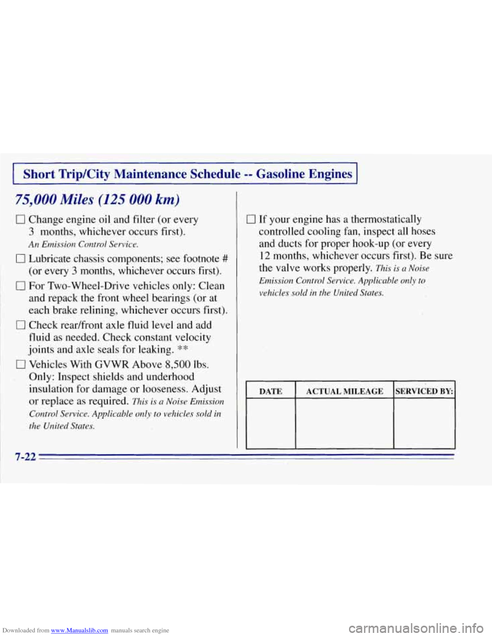 CHEVROLET TAHOE 1996 1.G Owners Manual Downloaded from www.Manualslib.com manuals search engine Short Trip/City Maintenance Schedule -- Gasoline Engines
75,000 Miles (125 000 km)
0 Change engine oil and filter (or every
3 months, CHEVROLET TAHOE 1996 1.G Owners Manual Downloaded from www.Manualslib.com manuals search engine Short Trip/City Maintenance Schedule -- Gasoline Engines
75,000 Miles (125 000 km)
0 Change engine oil and filter (or every
3 months,