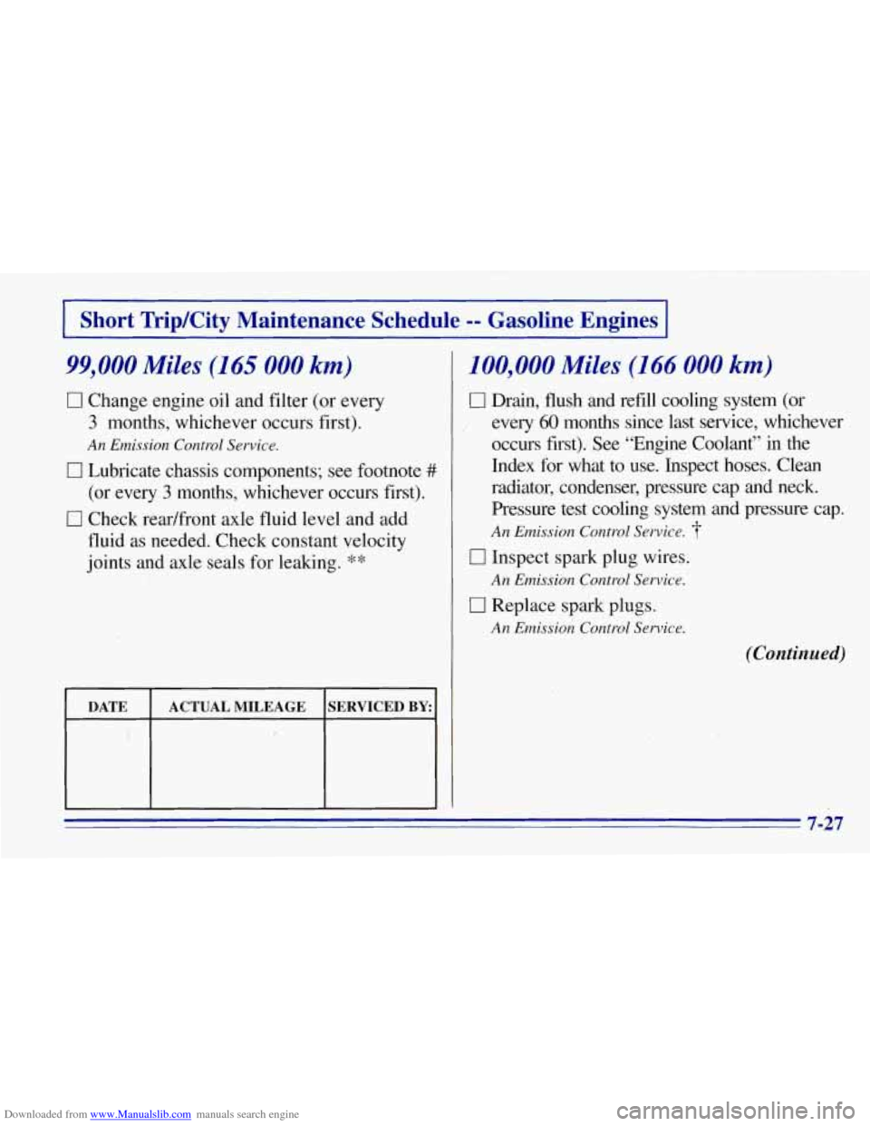 CHEVROLET TAHOE 1996 1.G Owners Manual Downloaded from www.Manualslib.com manuals search engine k i
0 Change en,gine oil and filter (or every
3 months, whichever occurs first).
An Emission Control Service.
0 Lubricate chassis com CHEVROLET TAHOE 1996 1.G Owners Manual Downloaded from www.Manualslib.com manuals search engine k i
0 Change en,gine oil and filter (or every
3 months, whichever occurs first).
An Emission Control Service.
0 Lubricate chassis com