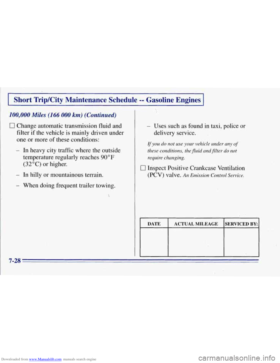 CHEVROLET TAHOE 1996 1.G Owners Manual Downloaded from www.Manualslib.com manuals search engine I Short Trip/City Maintenance Schedule -- Gasoline Engines I
100,SOO Miles (1 66 000 km) (Continued)
0 Change automatic transmission flu CHEVROLET TAHOE 1996 1.G Owners Manual Downloaded from www.Manualslib.com manuals search engine I Short Trip/City Maintenance Schedule -- Gasoline Engines I
100,SOO Miles (1 66 000 km) (Continued)
0 Change automatic transmission flu