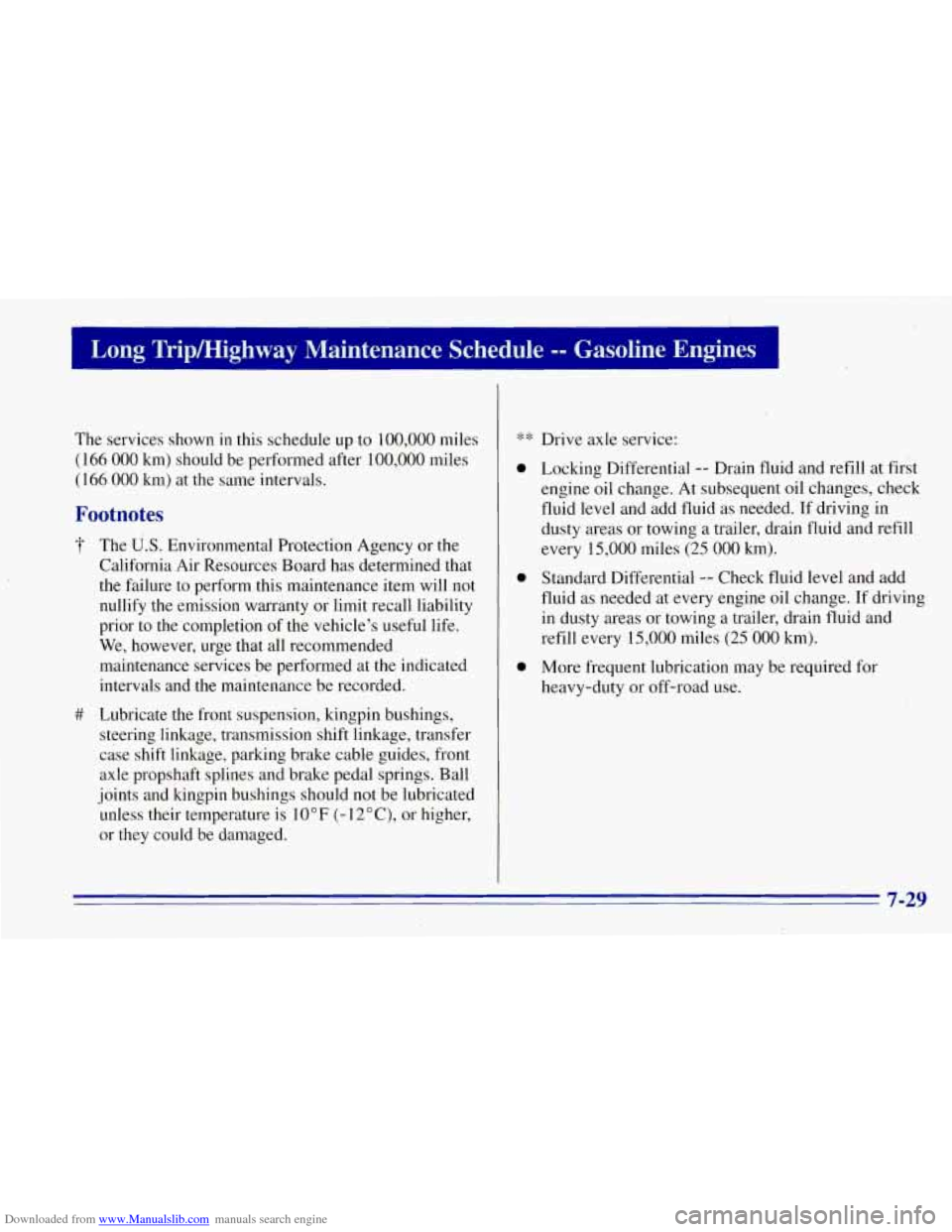 CHEVROLET TAHOE 1996 1.G Owners Manual Downloaded from www.Manualslib.com manuals search engine The services shown in this schedule up to 100,000 miles
(166 00.0 km) should be performed after 100,000 miles
(166 000 km) at the same CHEVROLET TAHOE 1996 1.G Owners Manual Downloaded from www.Manualslib.com manuals search engine The services shown in this schedule up to 100,000 miles
(166 00.0 km) should be performed after 100,000 miles
(166 000 km) at the same
