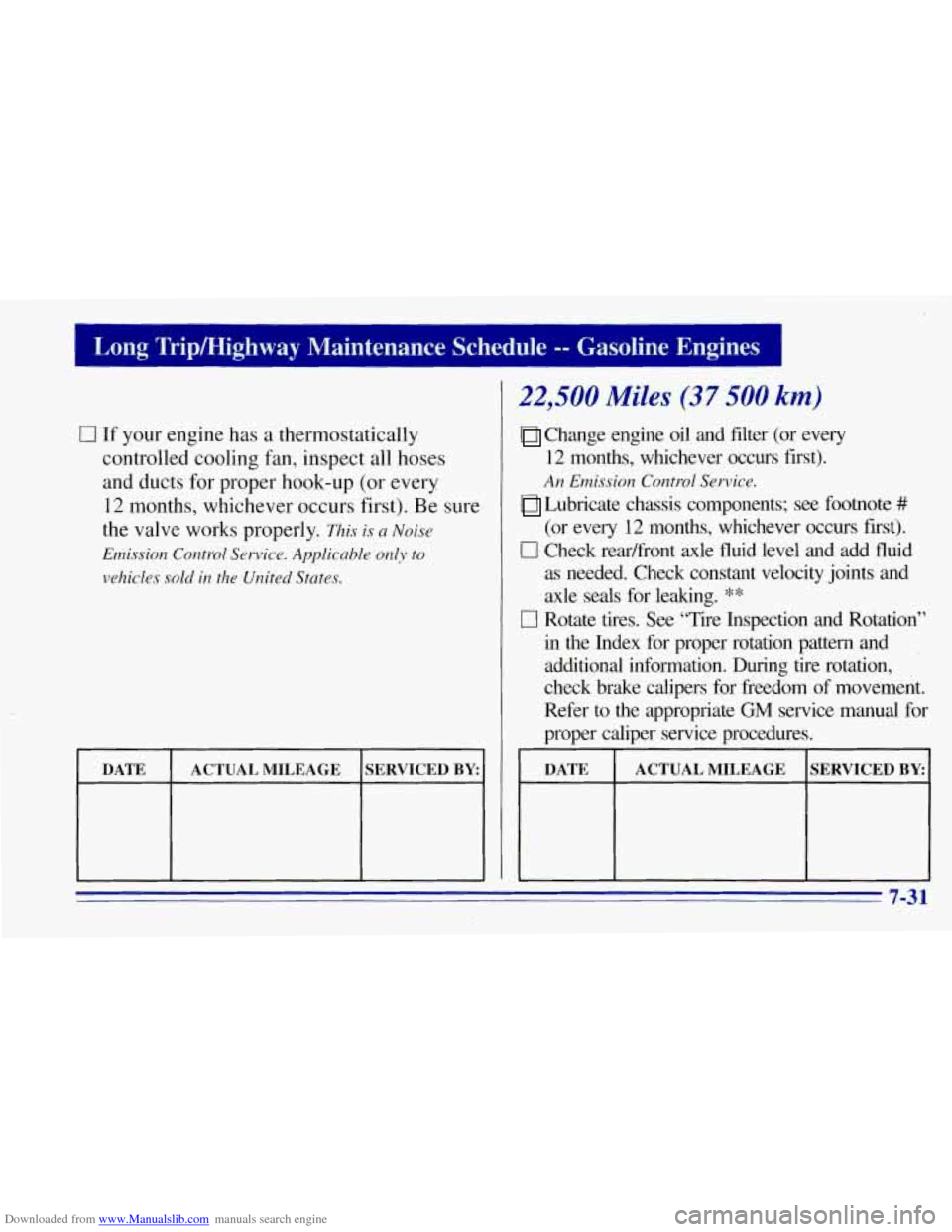 CHEVROLET TAHOE 1996 1.G Owners Manual Downloaded from www.Manualslib.com manuals search engine 0 If your engine has a thermo,statically
controlled cooling fan, inspect all hoses
and ductsfor proper hook-up
(or every
12 months, whic CHEVROLET TAHOE 1996 1.G Owners Manual Downloaded from www.Manualslib.com manuals search engine 0 If your engine has a thermo,statically
controlled cooling fan, inspect all hoses
and ductsfor proper hook-up
(or every
12 months, whic