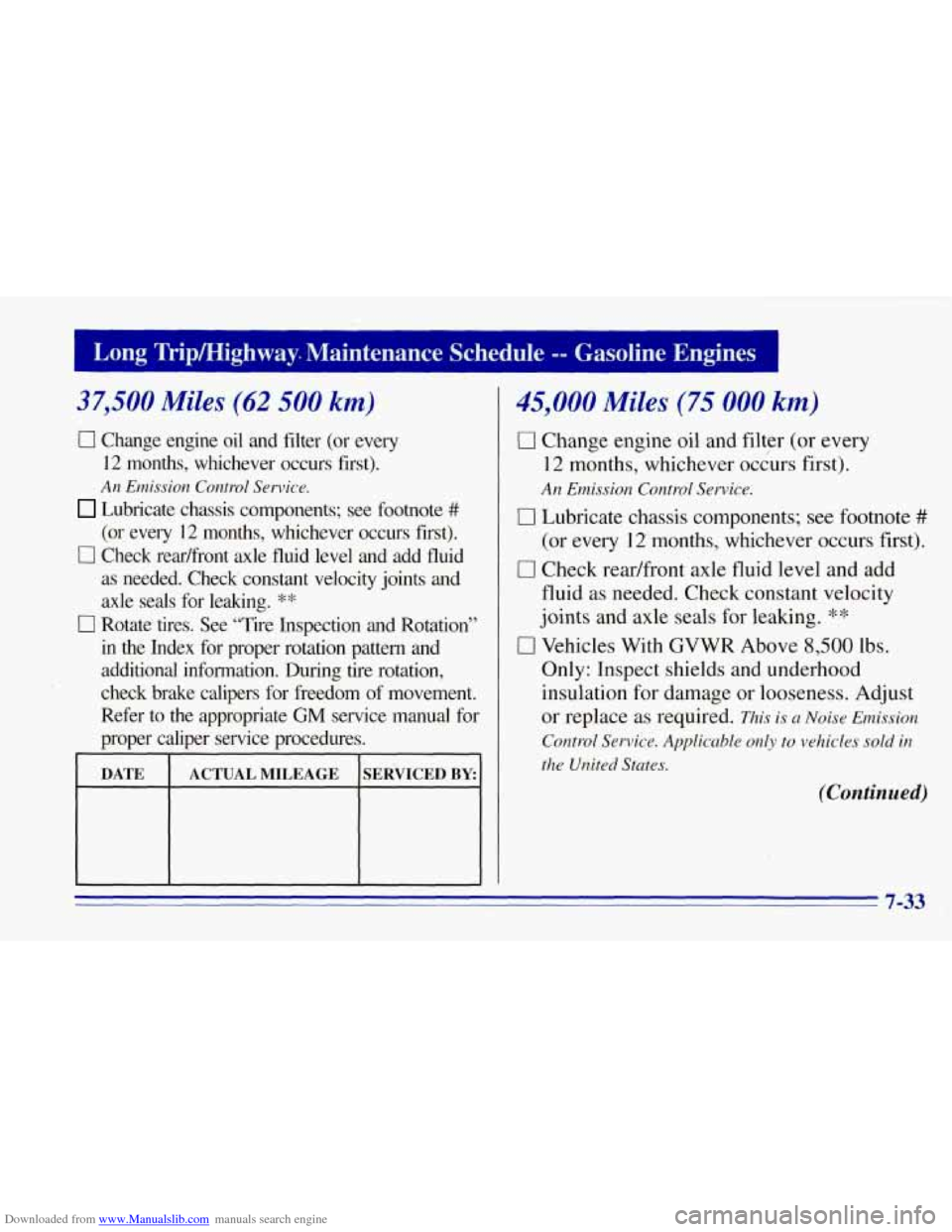 CHEVROLET TAHOE 1996 1.G Owners Manual Downloaded from www.Manualslib.com manuals search engine Long Trip/Highway. Maintenance Schedule -- Gasoline Engines
37,500 Miles (62 500 km)
[7 Change engine oil and filter (or every
12 mo CHEVROLET TAHOE 1996 1.G Owners Manual Downloaded from www.Manualslib.com manuals search engine Long Trip/Highway. Maintenance Schedule -- Gasoline Engines
37,500 Miles (62 500 km)
[7 Change engine oil and filter (or every
12 mo