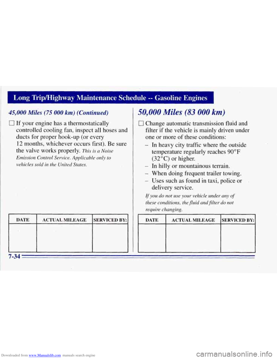 CHEVROLET TAHOE 1996 1.G Owners Manual Downloaded from www.Manualslib.com manuals search engine I
I Long TriplHighway Maintenance Schedule -- Gasoline Engines 1 ~~
45,000 Miles (75 000 knz) (Continued)
0 If your engine has a thermost CHEVROLET TAHOE 1996 1.G Owners Manual Downloaded from www.Manualslib.com manuals search engine I
I Long TriplHighway Maintenance Schedule -- Gasoline Engines 1 ~~
45,000 Miles (75 000 knz) (Continued)
0 If your engine has a thermost