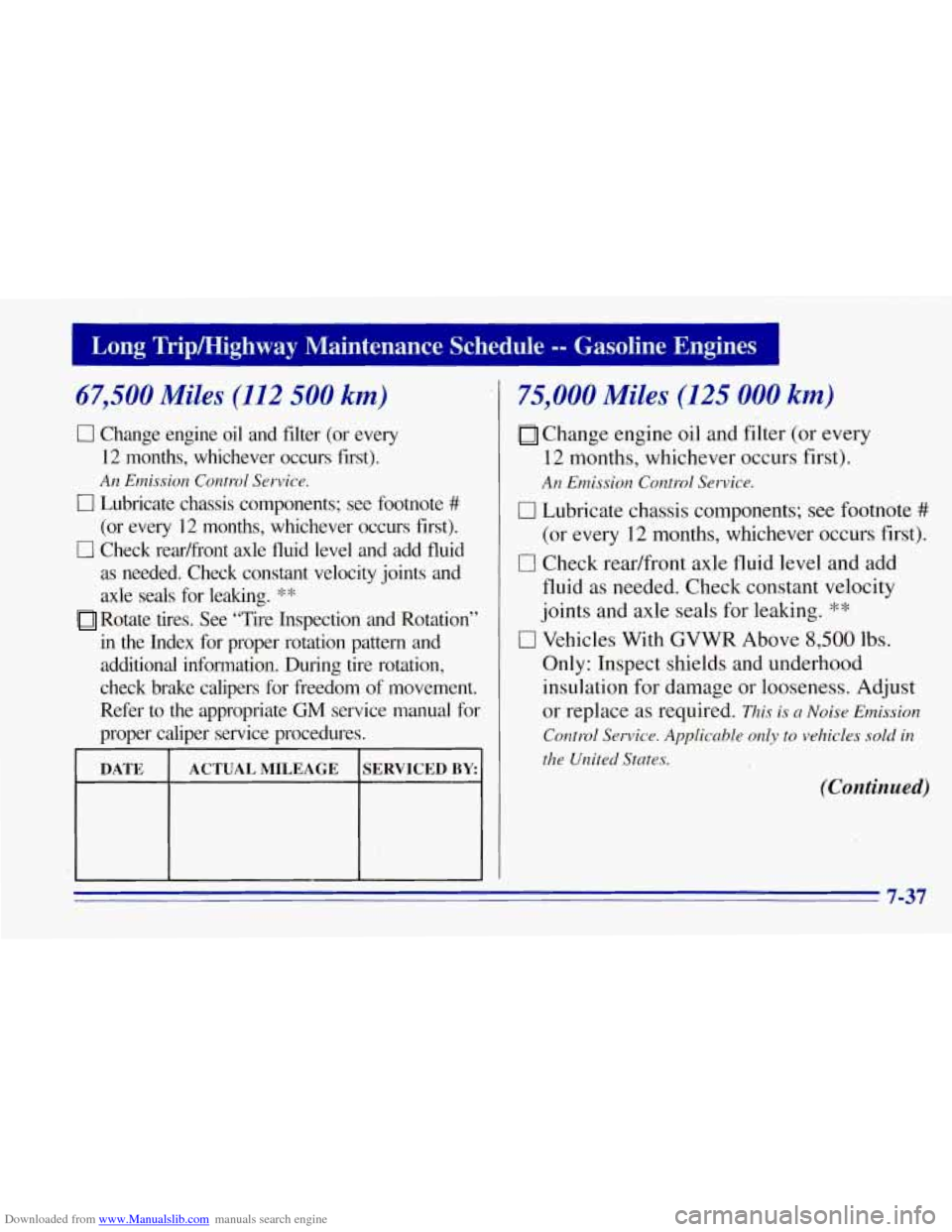 CHEVROLET TAHOE 1996 1.G Owners Manual Downloaded from www.Manualslib.com manuals search engine 67,500 Miles (112 500 km)
0 Change engine oil and filter (or every
12 months, whichever occurs first).
An Emission Control Servic CHEVROLET TAHOE 1996 1.G Owners Manual Downloaded from www.Manualslib.com manuals search engine 67,500 Miles (112 500 km)
0 Change engine oil and filter (or every
12 months, whichever occurs first).
An Emission Control Servic