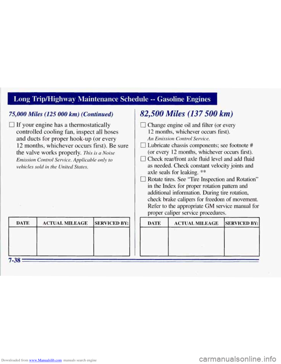 CHEVROLET TAHOE 1996 1.G Owners Manual Downloaded from www.Manualslib.com manuals search engine I Long Tripmighway Maintenance Schedule -- Gasoline Engines I
75,000 Miles (125 000 km) (Continued)
0 If your engine has a thermostatical CHEVROLET TAHOE 1996 1.G Owners Manual Downloaded from www.Manualslib.com manuals search engine I Long Tripmighway Maintenance Schedule -- Gasoline Engines I
75,000 Miles (125 000 km) (Continued)
0 If your engine has a thermostatical