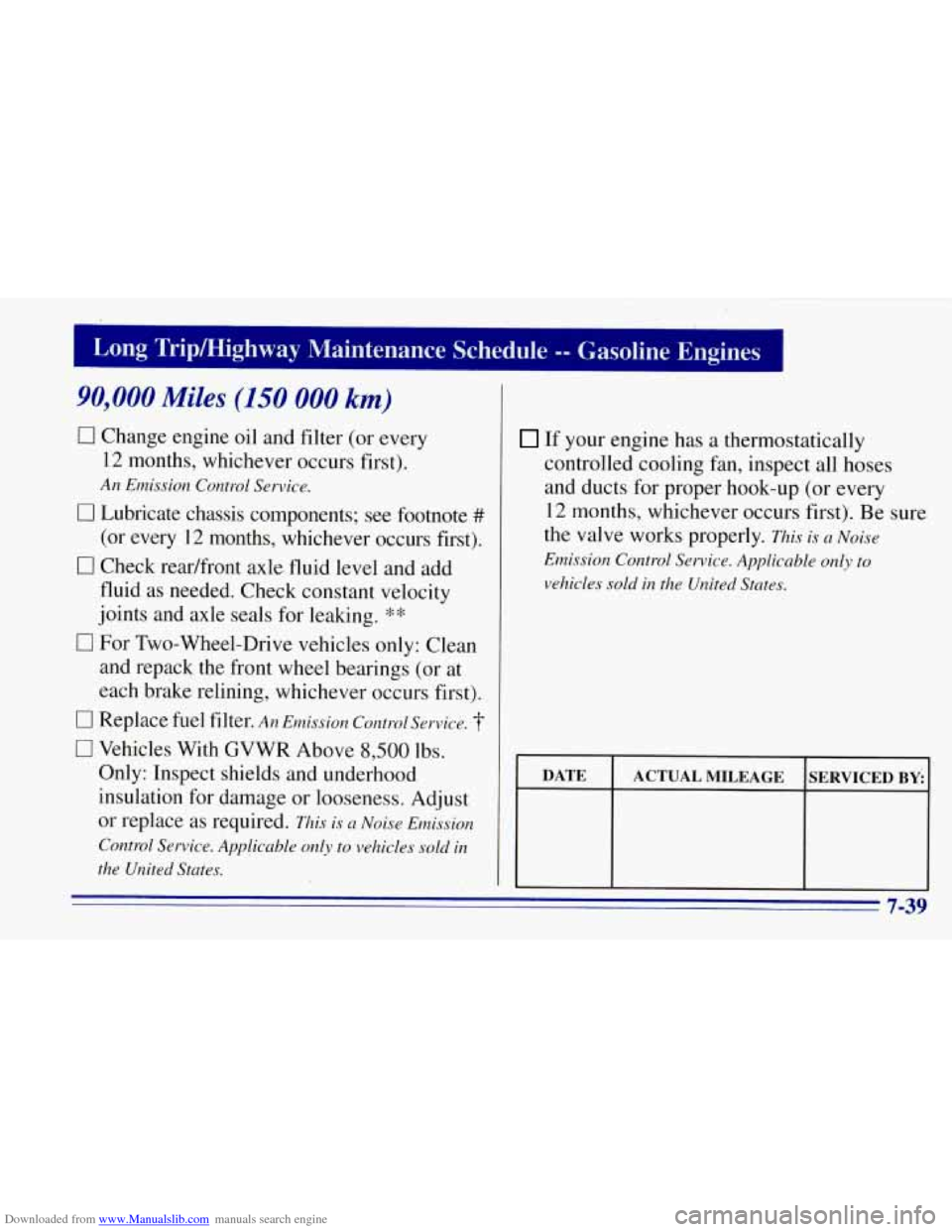 CHEVROLET TAHOE 1996 1.G Owners Manual Downloaded from www.Manualslib.com manuals search engine 90,000 Miles (150 000 km)
0 Change engine oil and filter (or every
12 months, whichever occurs first).
An Emission Control Service.
0 CHEVROLET TAHOE 1996 1.G Owners Manual Downloaded from www.Manualslib.com manuals search engine 90,000 Miles (150 000 km)
0 Change engine oil and filter (or every
12 months, whichever occurs first).
An Emission Control Service.
0