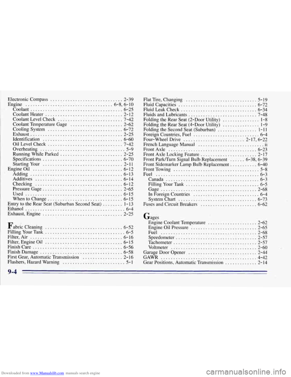CHEVROLET TAHOE 1996 1.G Owners Manual Downloaded from www.Manualslib.com manuals search engine Electronic Compass ............................. 2-39
Engine
................................... 6.8. 6.10
Coolant
....................... CHEVROLET TAHOE 1996 1.G Owners Manual Downloaded from www.Manualslib.com manuals search engine Electronic Compass ............................. 2-39
Engine
................................... 6.8. 6.10
Coolant
.......................