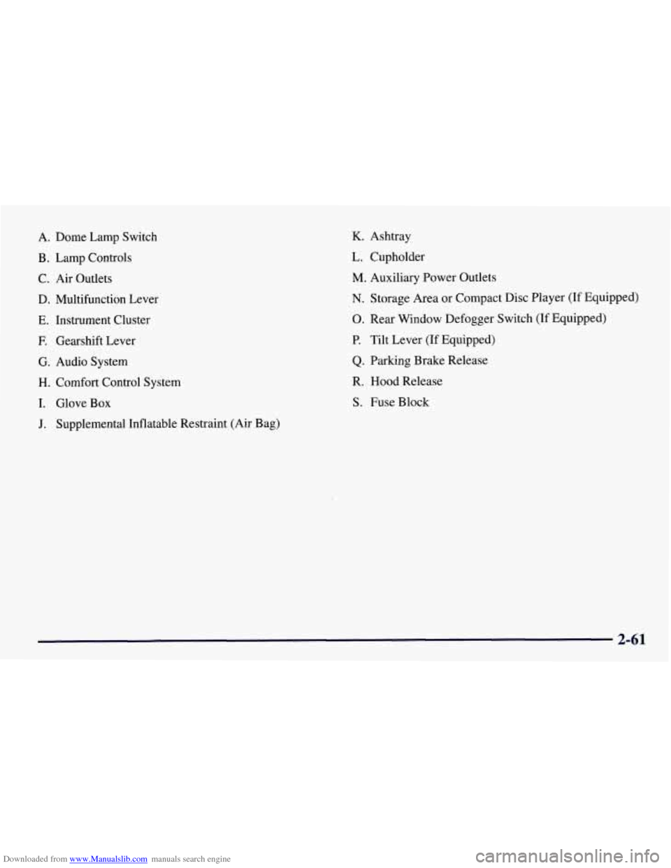 CHEVROLET TAHOE 1997 1.G Owners Manual Downloaded from www.Manualslib.com manuals search engine A. Dome Lamp  Switch 
B.  Lamp Controls 
C.  Air  Outlets 
D.  Multifunction  Lever 
E. Instrument Cluster 
F. Gearshift Lever 
G.  Audio Syste