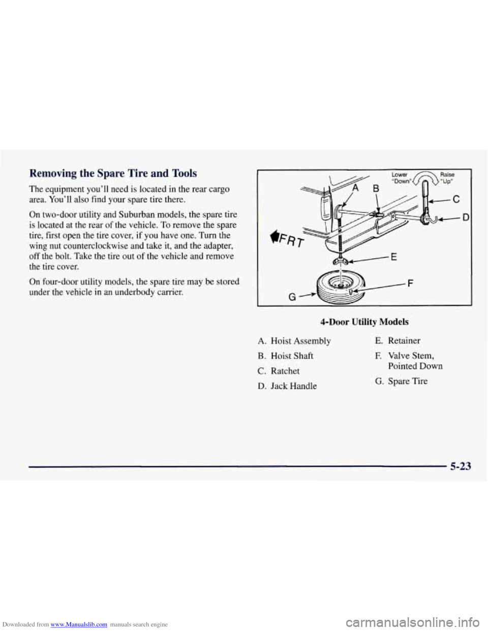 CHEVROLET TAHOE 1997 1.G Owners Manual Downloaded from www.Manualslib.com manuals search engine Removing the Spare Tire and Tools
The equipment you’ll need is located in the rear cargo
area. You’ll also find your spare tire t CHEVROLET TAHOE 1997 1.G Owners Manual Downloaded from www.Manualslib.com manuals search engine Removing the Spare Tire and Tools
The equipment you’ll need is located in the rear cargo
area. You’ll also find your spare tire t