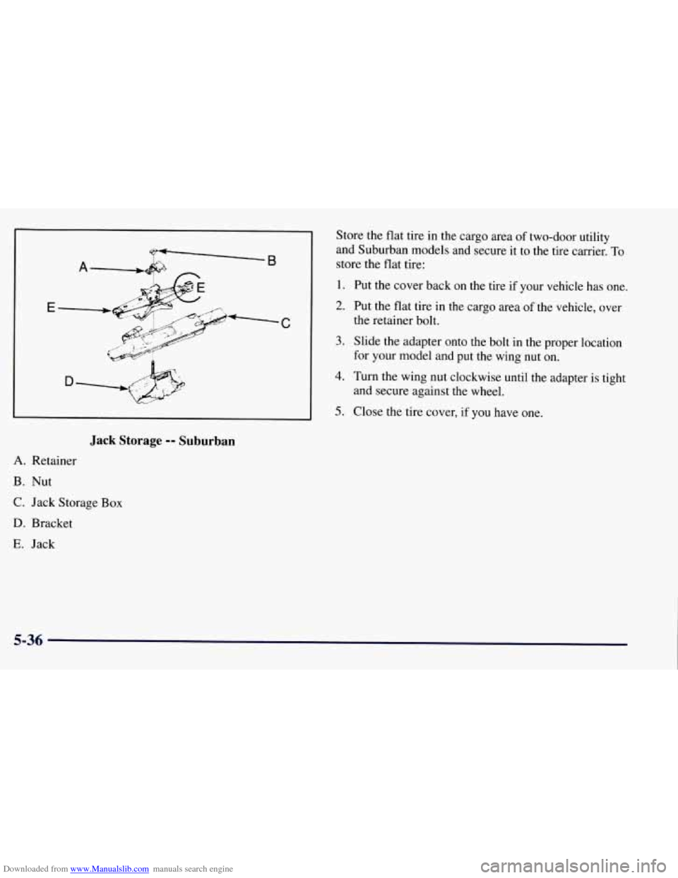CHEVROLET TAHOE 1997 1.G Owners Manual Downloaded from www.Manualslib.com manuals search engine A B 
n 
C 
Jack  Storage -- Suburban 
A. Retainer 
B. Nut 
C.  Jack  Storage 
Box 
D. Bracket 
E. Jack  Store 
the flat  tire  in  the cargo ar