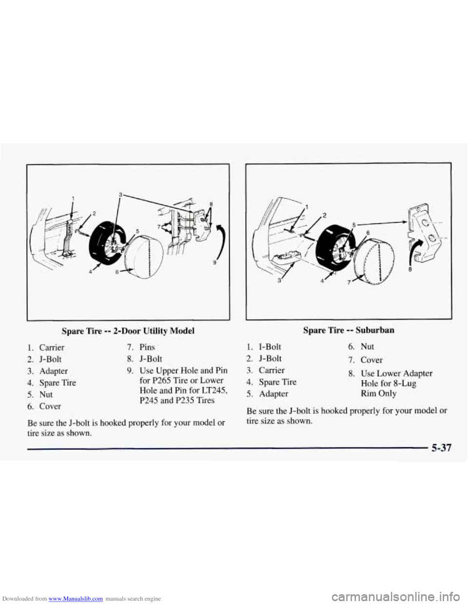 CHEVROLET TAHOE 1997 1.G Owners Manual Downloaded from www.Manualslib.com manuals search engine Spare  Tire -- 2-Door Utility  Model 
1. Carrier 
2.  J-Bolt 7. Pins 
8. J-Bolt 
3.  Adapter 
4. Spare  Tire 
5.  Nut 
6. Cover 
9. Use  Upper 