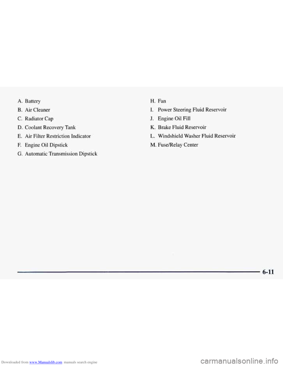 CHEVROLET TAHOE 1997 1.G Owners Manual Downloaded from www.Manualslib.com manuals search engine A.  Battery 
B. Air Cleaner 
C.  Radiator  Cap 
D.  Coolant Recovery  Tank 
E. Air Filter Restriction Indicator 
F.  Engine Oil Dipstick 
G. Au