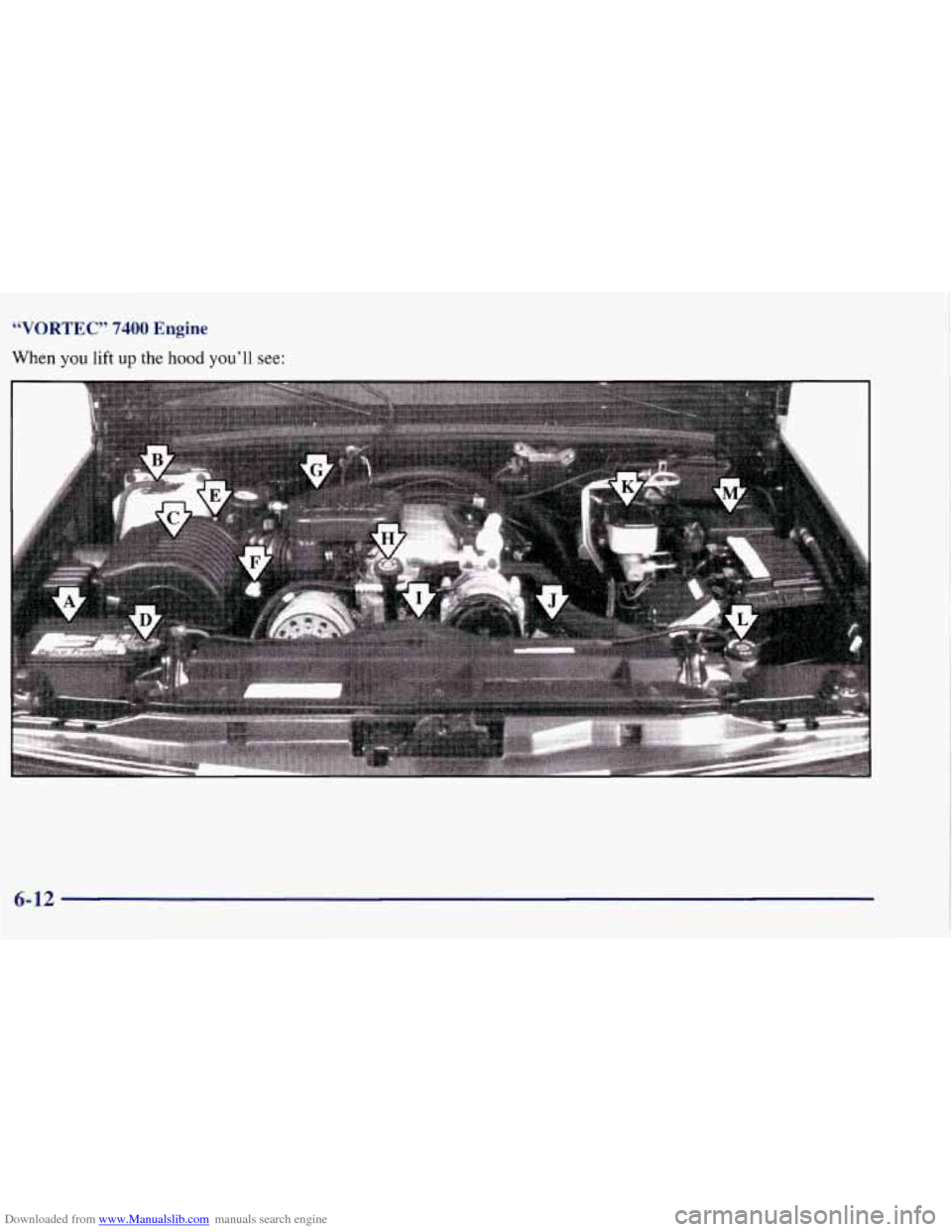 CHEVROLET TAHOE 1997 1.G Owners Manual Downloaded from www.Manualslib.com manuals search engine “VORTEC” 7400 Engine
When you lift up the hood you’ 11 see:
K
6-12 CHEVROLET TAHOE 1997 1.G Owners Manual Downloaded from www.Manualslib.com manuals search engine “VORTEC” 7400 Engine
When you lift up the hood you’ 11 see:
K
6-12