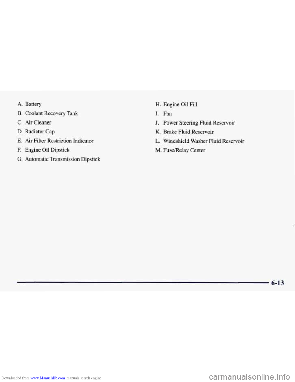 CHEVROLET TAHOE 1997 1.G Owners Manual Downloaded from www.Manualslib.com manuals search engine A. Battery 
B. Coolant Recovery Tank 
C. 
Air Cleaner 
D.  Radiator  Cap 
E. Air Filter  Restriction  Indicator 
F.  Engine  Oil Dipstick 
G. A