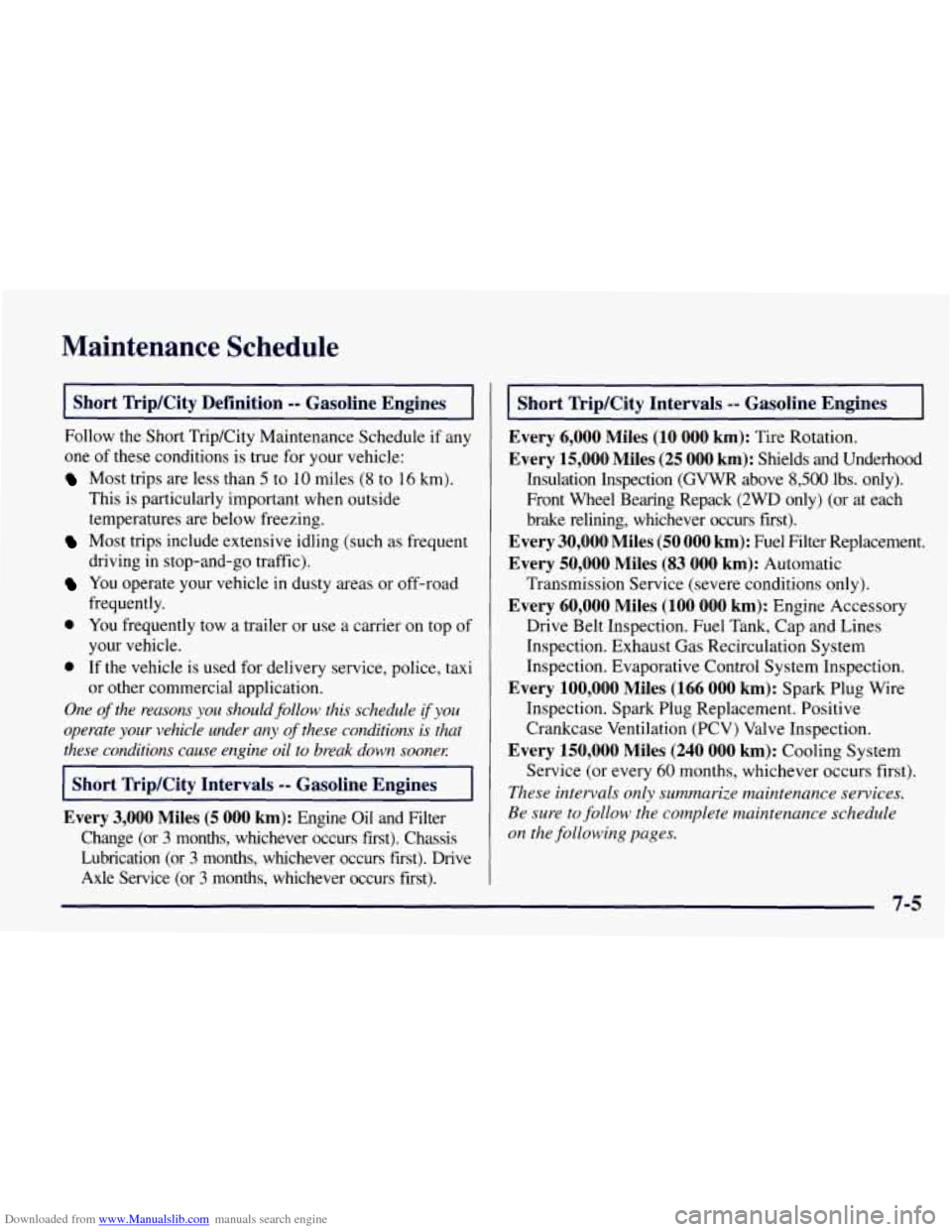CHEVROLET TAHOE 1997 1.G Owners Manual Downloaded from www.Manualslib.com manuals search engine Maintenance  Schedule 
Short  Trip/City Definition -- Gasoline  Engines . 
Follow  the Short Trip/City  Maintenance  Schedule if any 
one  of  