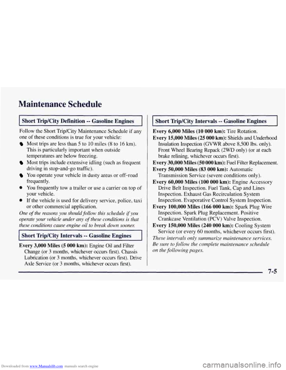 CHEVROLET TAHOE 1997 1.G Owners Manual Downloaded from www.Manualslib.com manuals search engine Maintenance Schedule
Short Trip/City Definition -- Gasoline Engines .
Follow the Short Trip/City Maintenance Schedule if any
one of CHEVROLET TAHOE 1997 1.G Owners Manual Downloaded from www.Manualslib.com manuals search engine Maintenance Schedule
Short Trip/City Definition -- Gasoline Engines .
Follow the Short Trip/City Maintenance Schedule if any
one of