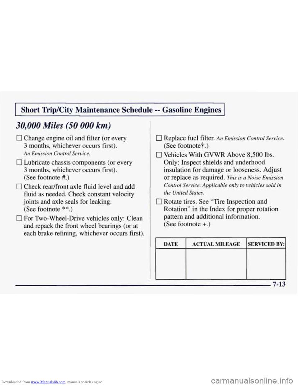 CHEVROLET TAHOE 1997 1.G Owners Manual Downloaded from www.Manualslib.com manuals search engine Short Trip/City Maintenance Schedule -- Gasoline Engines
30,000 Miles (50 000 km)
17 Change engine oil and filter (or every
3 months CHEVROLET TAHOE 1997 1.G Owners Manual Downloaded from www.Manualslib.com manuals search engine Short Trip/City Maintenance Schedule -- Gasoline Engines
30,000 Miles (50 000 km)
17 Change engine oil and filter (or every
3 months