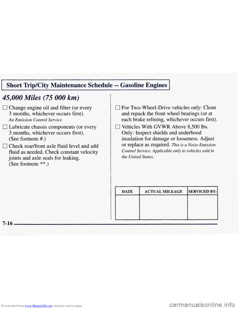 CHEVROLET TAHOE 1997 1.G Owners Manual Downloaded from www.Manualslib.com manuals search engine Short TripKity Maintenance Schedule -- Gasoline Engines
45,000 Miles (75 000 km)
0 Change engine oil and filter (or every
3 months, which CHEVROLET TAHOE 1997 1.G Owners Manual Downloaded from www.Manualslib.com manuals search engine Short TripKity Maintenance Schedule -- Gasoline Engines
45,000 Miles (75 000 km)
0 Change engine oil and filter (or every
3 months, which