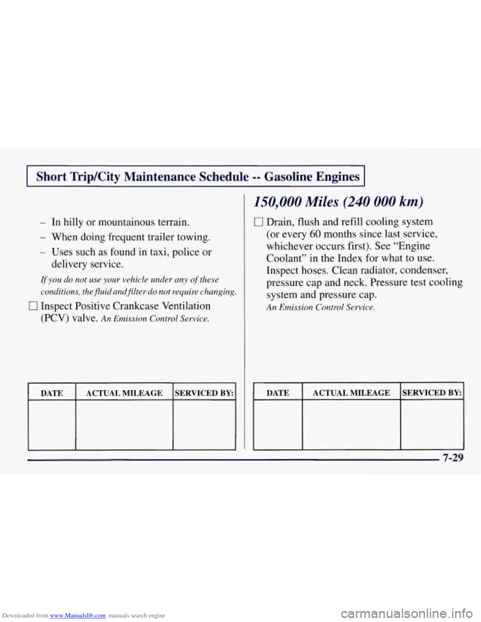 CHEVROLET TAHOE 1997 1.G Owners Manual Downloaded from www.Manualslib.com manuals search engine I Short TripKity Maintenance Schedule -- Gasoline Engines I
- In hilly or mountainous terrain.
150,000 Miles (240 000 km)
- When doing CHEVROLET TAHOE 1997 1.G Owners Manual Downloaded from www.Manualslib.com manuals search engine I Short TripKity Maintenance Schedule -- Gasoline Engines I
- In hilly or mountainous terrain.
150,000 Miles (240 000 km)
- When doing