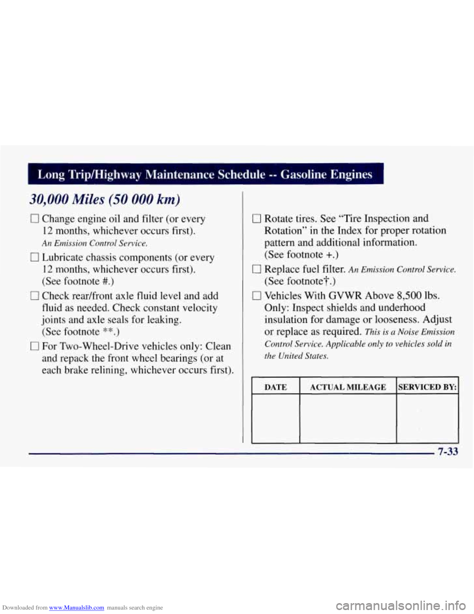 CHEVROLET TAHOE 1997 1.G Owners Manual Downloaded from www.Manualslib.com manuals search engine Long Tripmighway Maintenance Schedule -- Gasoline Engines
30,000 Miles (50 000 km)
0 Change engine oil and filter (or every
12 month CHEVROLET TAHOE 1997 1.G Owners Manual Downloaded from www.Manualslib.com manuals search engine Long Tripmighway Maintenance Schedule -- Gasoline Engines
30,000 Miles (50 000 km)
0 Change engine oil and filter (or every
12 month