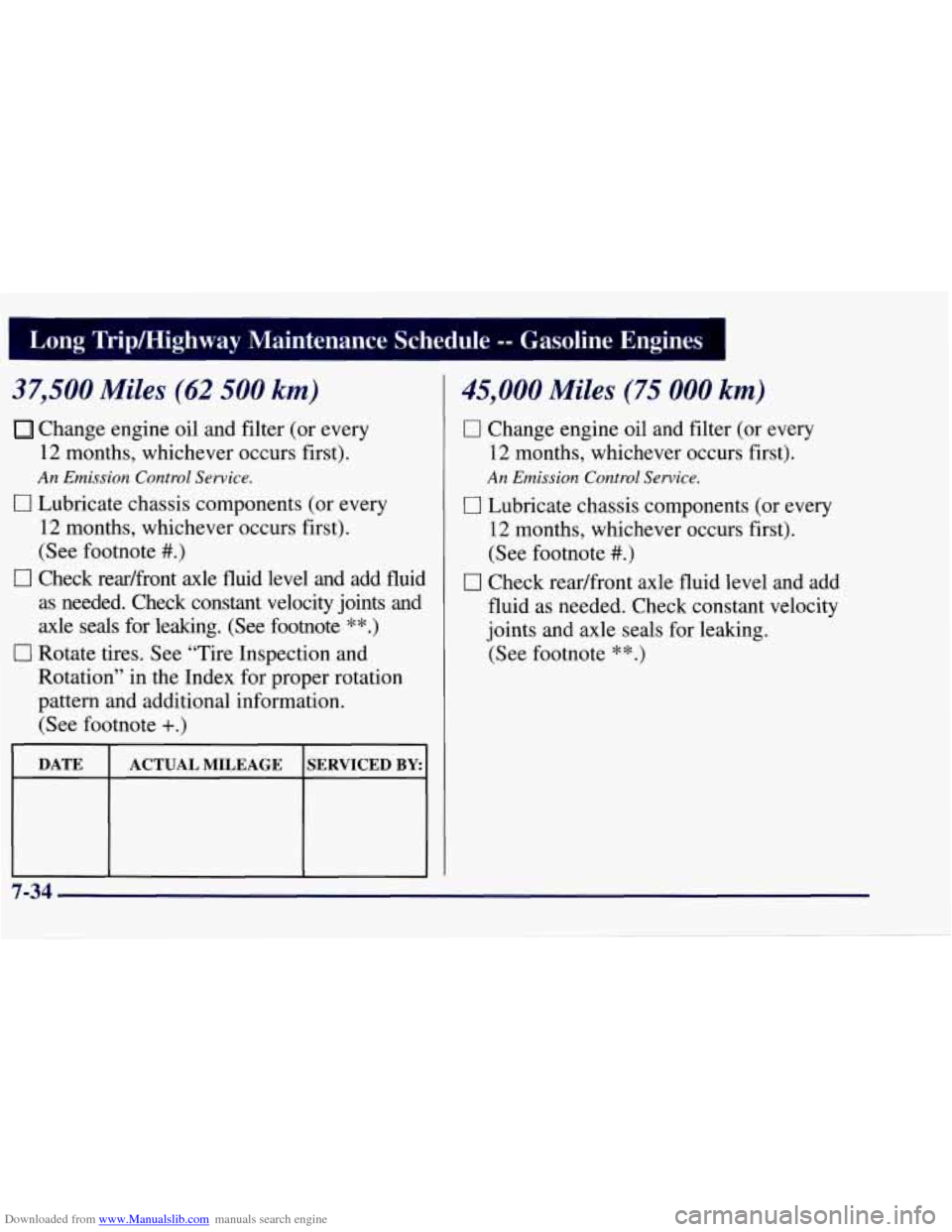 CHEVROLET TAHOE 1997 1.G Owners Manual Downloaded from www.Manualslib.com manuals search engine 1 Long Tripmighway Maintenance Schedule -- Gasoline Engines
37,500 Miles (62 500 km)
Change engine oil and filter (or every
12 months, CHEVROLET TAHOE 1997 1.G Owners Manual Downloaded from www.Manualslib.com manuals search engine 1 Long Tripmighway Maintenance Schedule -- Gasoline Engines
37,500 Miles (62 500 km)
Change engine oil and filter (or every
12 months,
