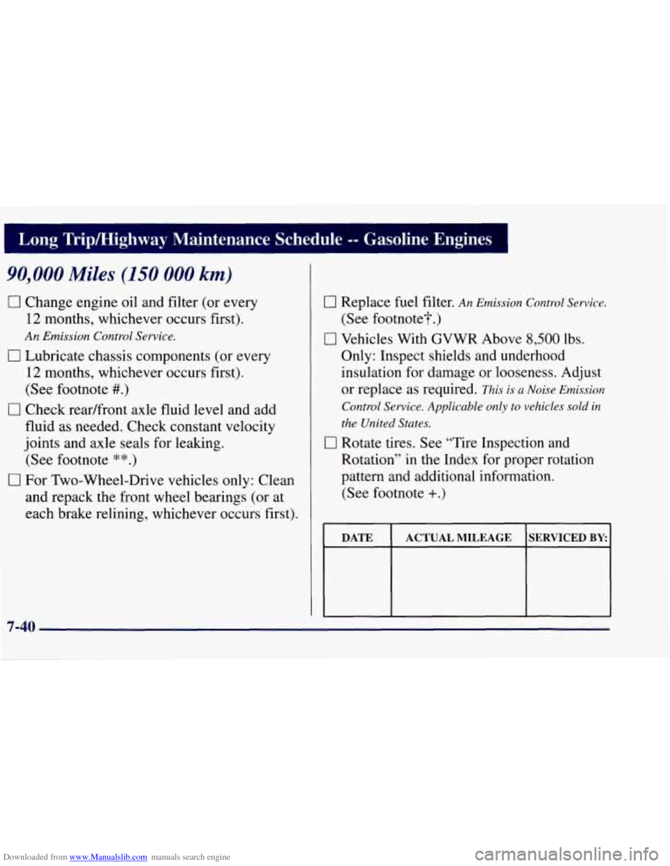 CHEVROLET TAHOE 1997 1.G Owners Manual Downloaded from www.Manualslib.com manuals search engine I Long Tripmighway Maintenance Schedule -- Gasoline Engines
90,000 Miles (150 000 km)
0 Change engine oil and filter (or every
12 months CHEVROLET TAHOE 1997 1.G Owners Manual Downloaded from www.Manualslib.com manuals search engine I Long Tripmighway Maintenance Schedule -- Gasoline Engines
90,000 Miles (150 000 km)
0 Change engine oil and filter (or every
12 months