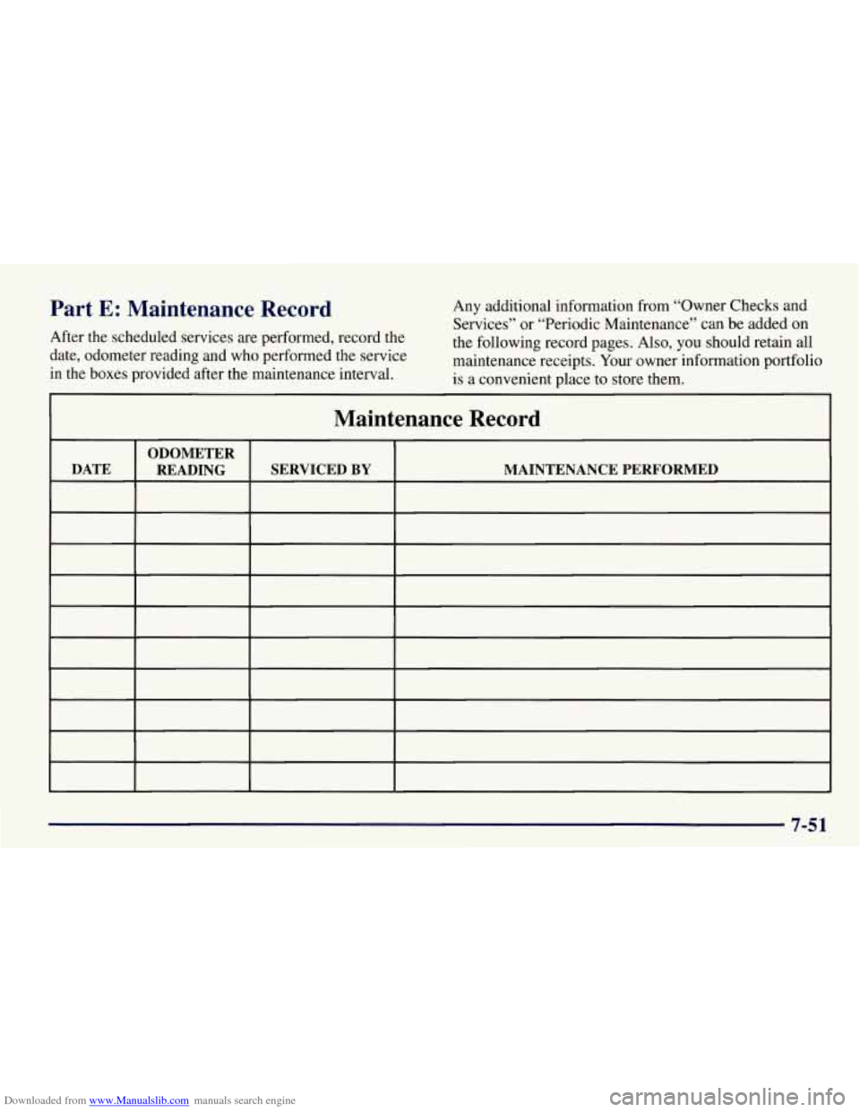 CHEVROLET TAHOE 1997 1.G Owners Manual Downloaded from www.Manualslib.com manuals search engine Part E: Maintenance Record
After the scheduled services are performed, record the
date, odometer reading and who performed the service
in CHEVROLET TAHOE 1997 1.G Owners Manual Downloaded from www.Manualslib.com manuals search engine Part E: Maintenance Record
After the scheduled services are performed, record the
date, odometer reading and who performed the service
in