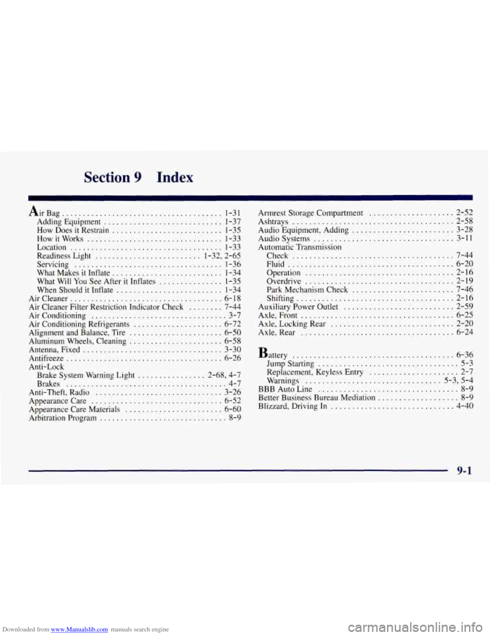 CHEVROLET TAHOE 1997 1.G Owners Manual Downloaded from www.Manualslib.com manuals search engine Section 9 Index
Air Bag ...................................... 1-3 1
Adding Equipment ............................ 1-37
How Does
it Restr CHEVROLET TAHOE 1997 1.G Owners Manual Downloaded from www.Manualslib.com manuals search engine Section 9 Index
Air Bag ...................................... 1-3 1
Adding Equipment ............................ 1-37
How Does
it Restr