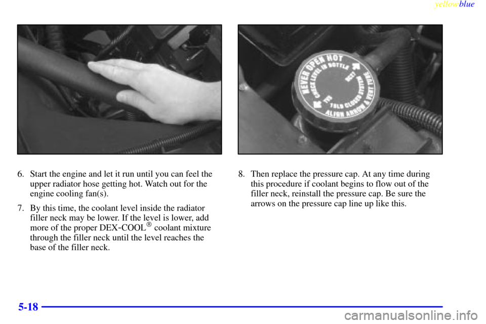 CHEVROLET TAHOE 1999 1.G Owners Manual yellowblue     
5-18
6. Start the engine and let it run until you can feel the
upper radiator hose getting hot. Watch out for the
engine cooling fan(s).
7. By this time, the coolant level inside the r