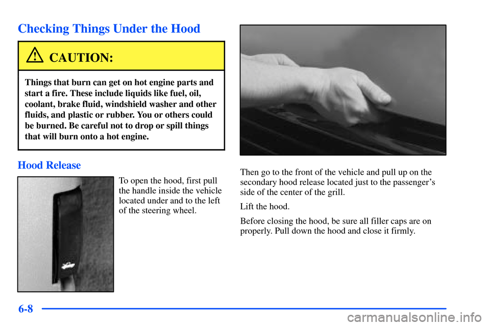 CHEVROLET TAHOE 2000 1.G Owners Manual 6-8
Checking Things Under the Hood
CAUTION:
Things that burn can get on hot engine parts and
start a fire. These include liquids like fuel, oil,
coolant, brake fluid, windshield washer and other
fluid
