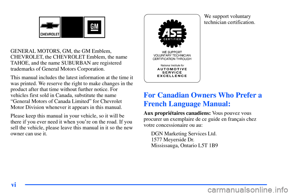 CHEVROLET TAHOE 2000 1.G Owners Manual vi
GENERAL MOTORS, GM, the GM Emblem,
CHEVROLET, the CHEVROLET Emblem, the name
TAHOE, and the name SUBURBAN are registered
trademarks of General Motors Corporation.
This manual includes the latest in