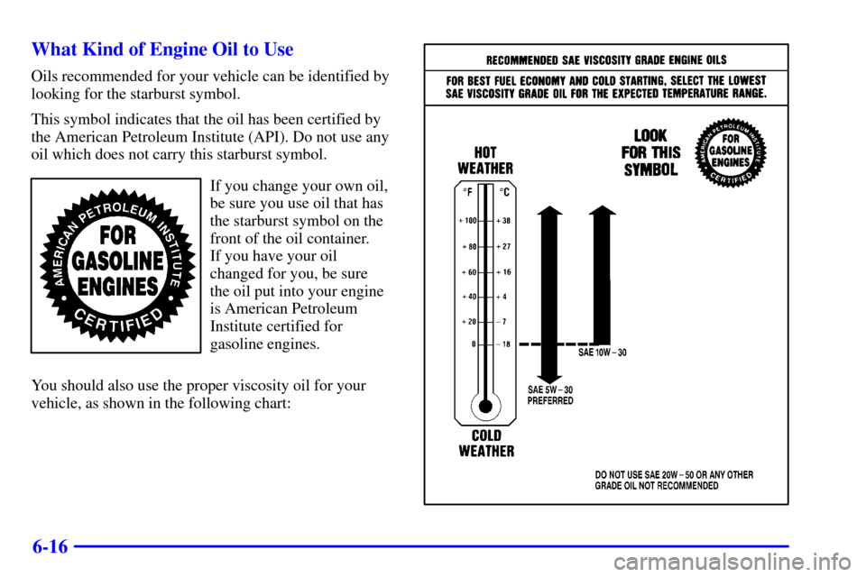 CHEVROLET TAHOE 2001 2.G Owners Manual 6-16 What Kind of Engine Oil to Use
Oils recommended for your vehicle can be identified by
looking for the starburst symbol.
This symbol indicates that the oil has been certified by
the American Petro