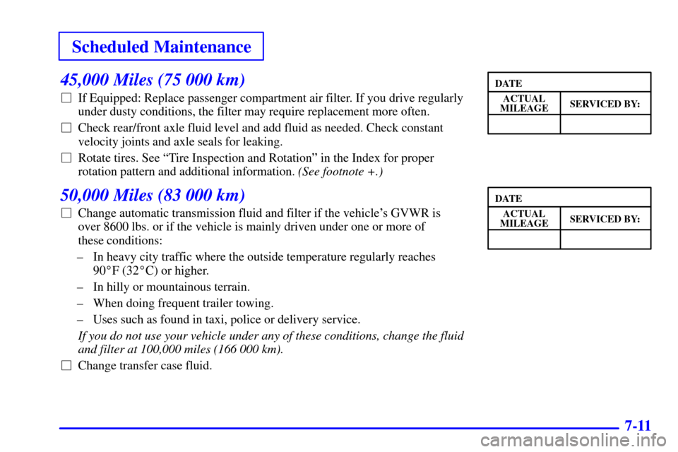 CHEVROLET TAHOE 2001 2.G Owners Manual Scheduled Maintenance
7-11
45,000 Miles (75 000 km)
If Equipped: Replace passenger compartment air filter. If you drive regularly
under dusty conditions, the filter may require replacement more often