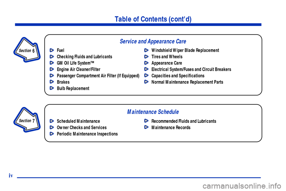 CHEVROLET TAHOE 2001 2.G Owners Manual Table of Contents (contd)
Maintenance Schedule Service and Appearance Care
Section 
 7
Section 
 6
Scheduled Maintenance
Owner Checks and Services
Periodic Maintenance InspectionsRecommended Fluids a