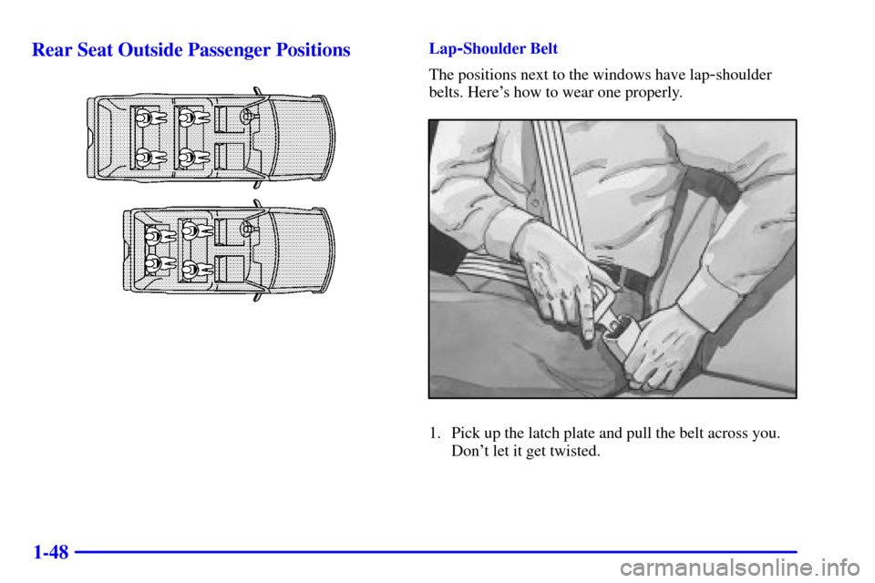 CHEVROLET TAHOE 2002 2.G Workshop Manual 1-48 Rear Seat Outside Passenger Positions
Lap-Shoulder Belt
The positions next to the windows have lap
-shoulder
belts. Heres how to wear one properly.
1. Pick up the latch plate and pull the belt a
