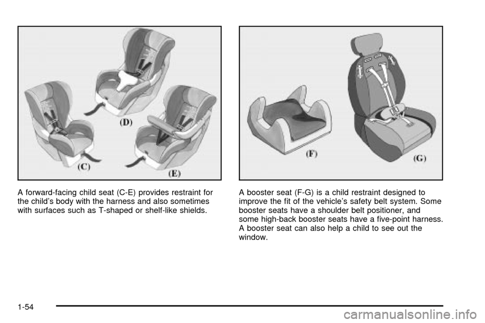 CHEVROLET TAHOE 2003 2.G Workshop Manual A forward-facing child seat (C-E) provides restraint for
the childs body with the harness and also sometimes
with surfaces such as T-shaped or shelf-like shields.A booster seat (F-G) is a child restr